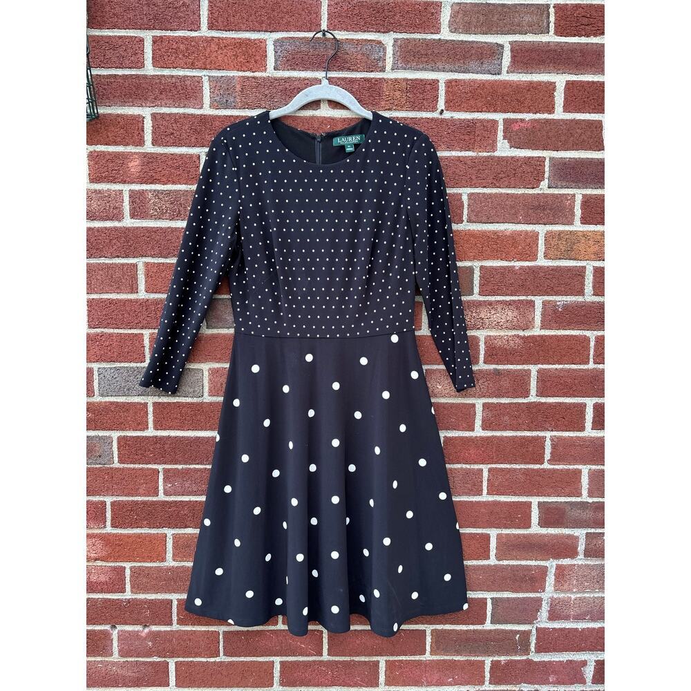 Lauren Ralph Lauren Polka Dot Fit & Flare Dress Navy black White Size 6P - Picture 1 of 7